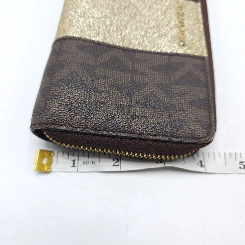 Michael Kors Brown Gold Glitter Wristlet Wallet With Zip Closure